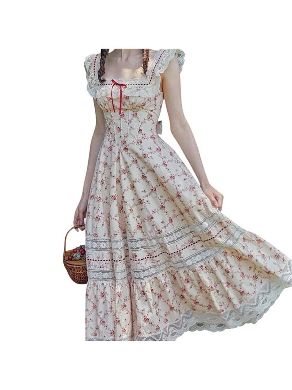 Cream Floral Maxi Dress with Pink Accents and Lace Trim